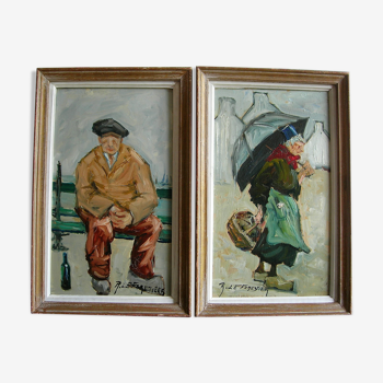 Old paintings Seated Man and Woman with the Umbrella by René. THE FORESTER (1903-1972)