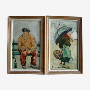 Tableaux anciens homme assis et femme au parapluie de rené. le forestier (1903-1972)