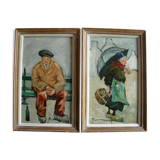 Old paintings Seated Man and Woman with the Umbrella by René. THE FORESTER (1903-1972)