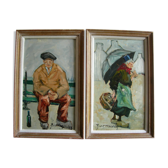 Old paintings Seated Man and Woman with the Umbrella by René. THE FORESTER (1903-1972)