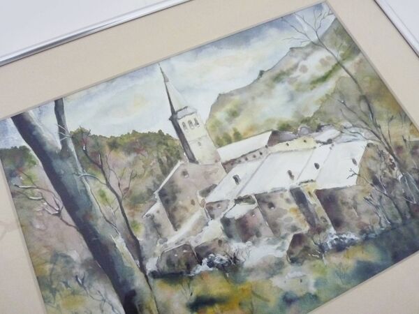 Aquarelle originale de Carani église en montagne. Signée