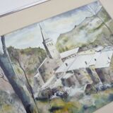 Original watercolor by Carani church in the mountains. Signed