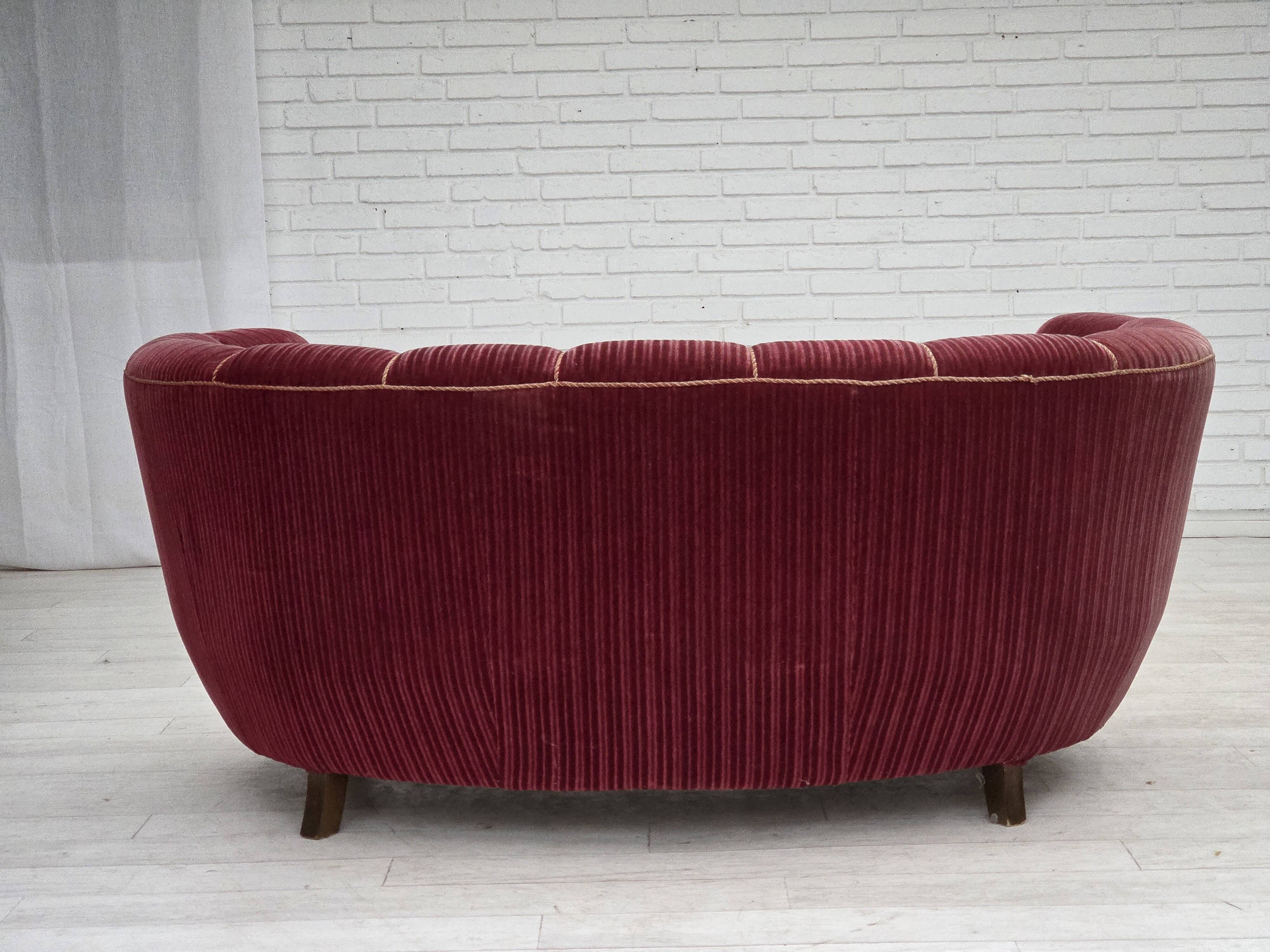 1960s, Danish 2-seater "Banana" sofa, red furniture velour, oak wood.