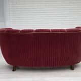1960s, Danish 2-seater "Banana" sofa, red furniture velour, oak wood.