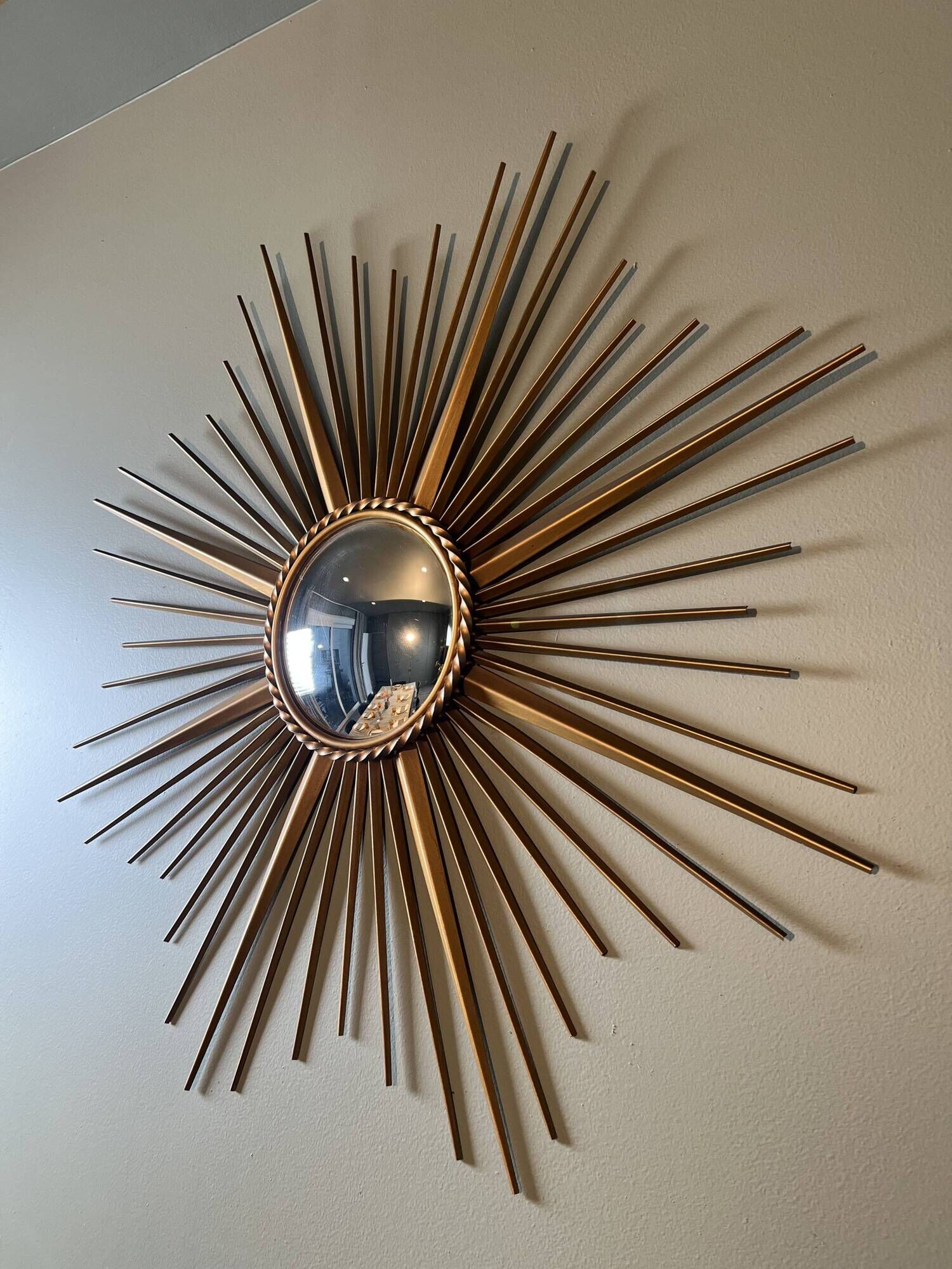 Golden Metal Sun Mirror with Convex Mirror by Chaty Vallauris. French Work