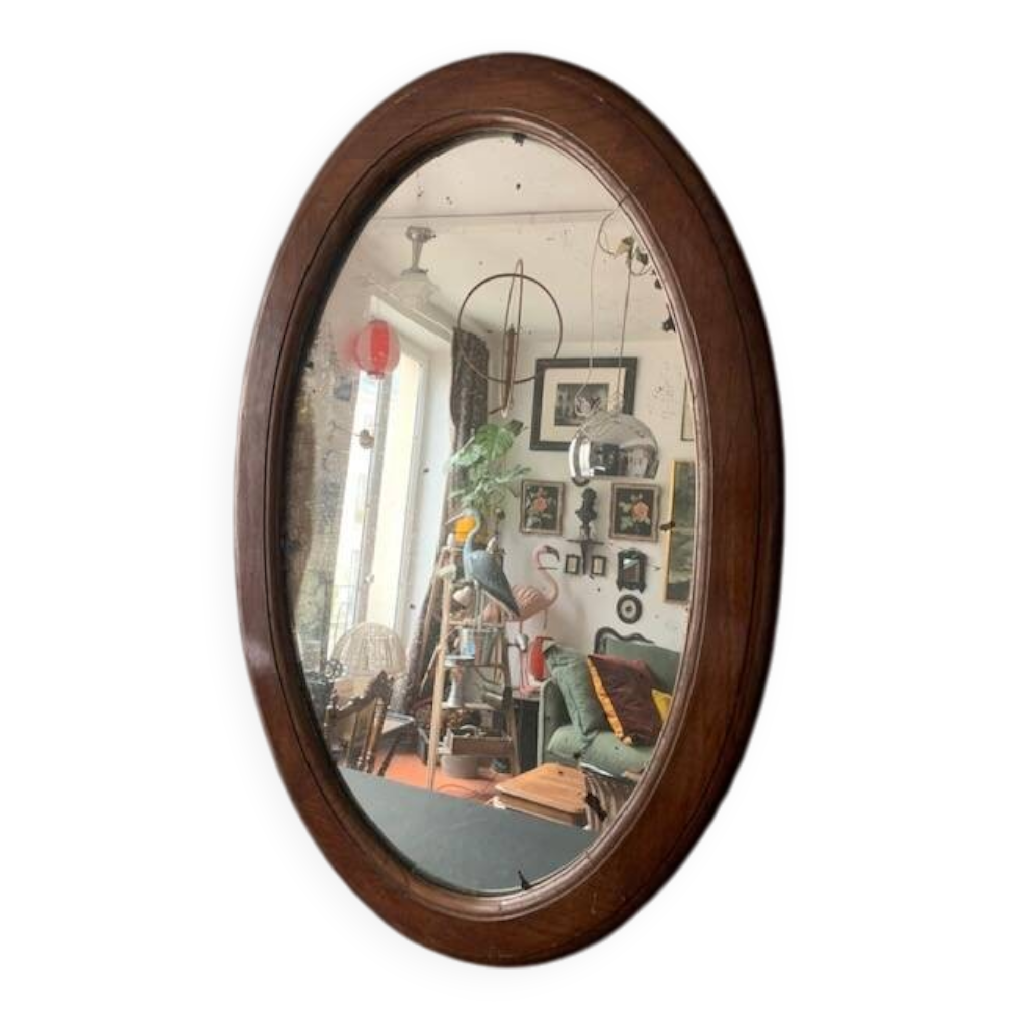 Large antique oval mahogany mirror, mercury glass, 19th century