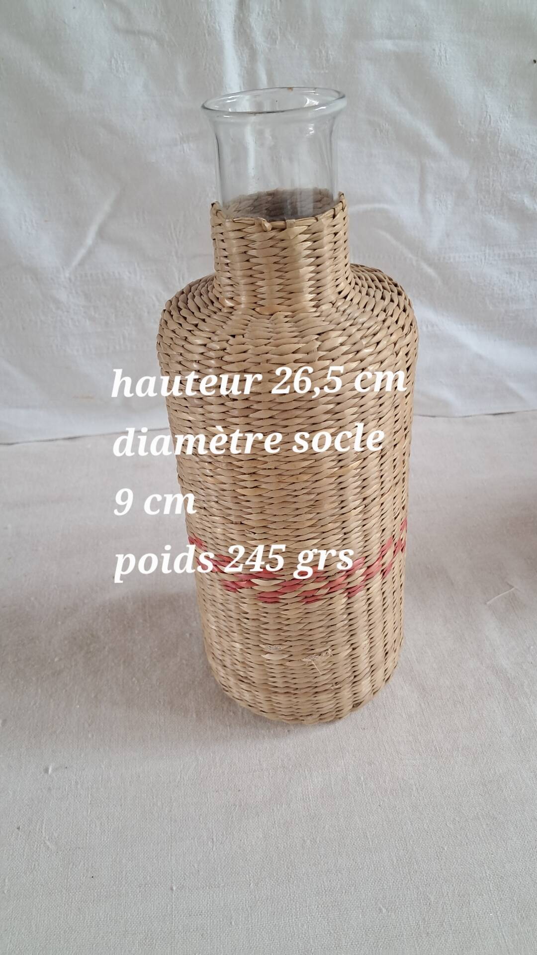 Pair of glass carafes / vases dressed in vintage woven rattan – A