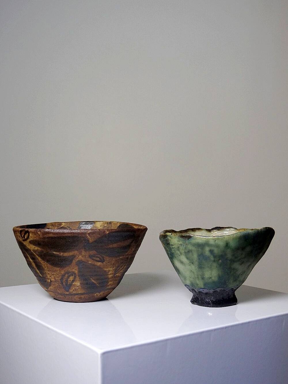 Pair of mismatched vintage "Wabi-Sabi" handcrafted ceramic/stoneware bowls