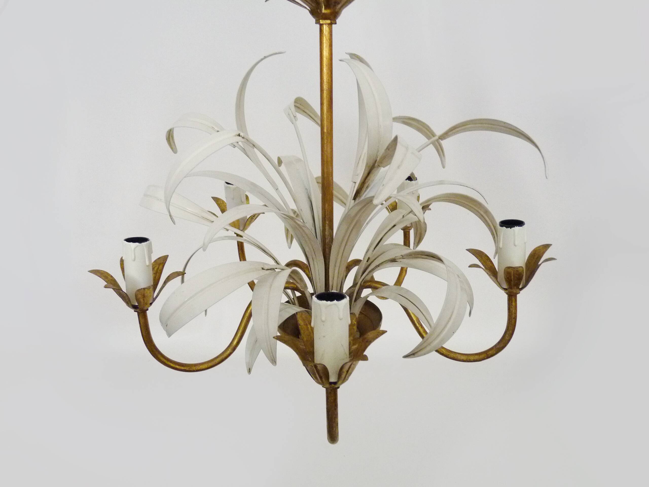 Lustre vintage 3 feux en métal blanc et doré vieilli, feuilles de palmier