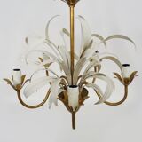 Lustre vintage 3 feux en métal blanc et doré vieilli, feuilles de palmier