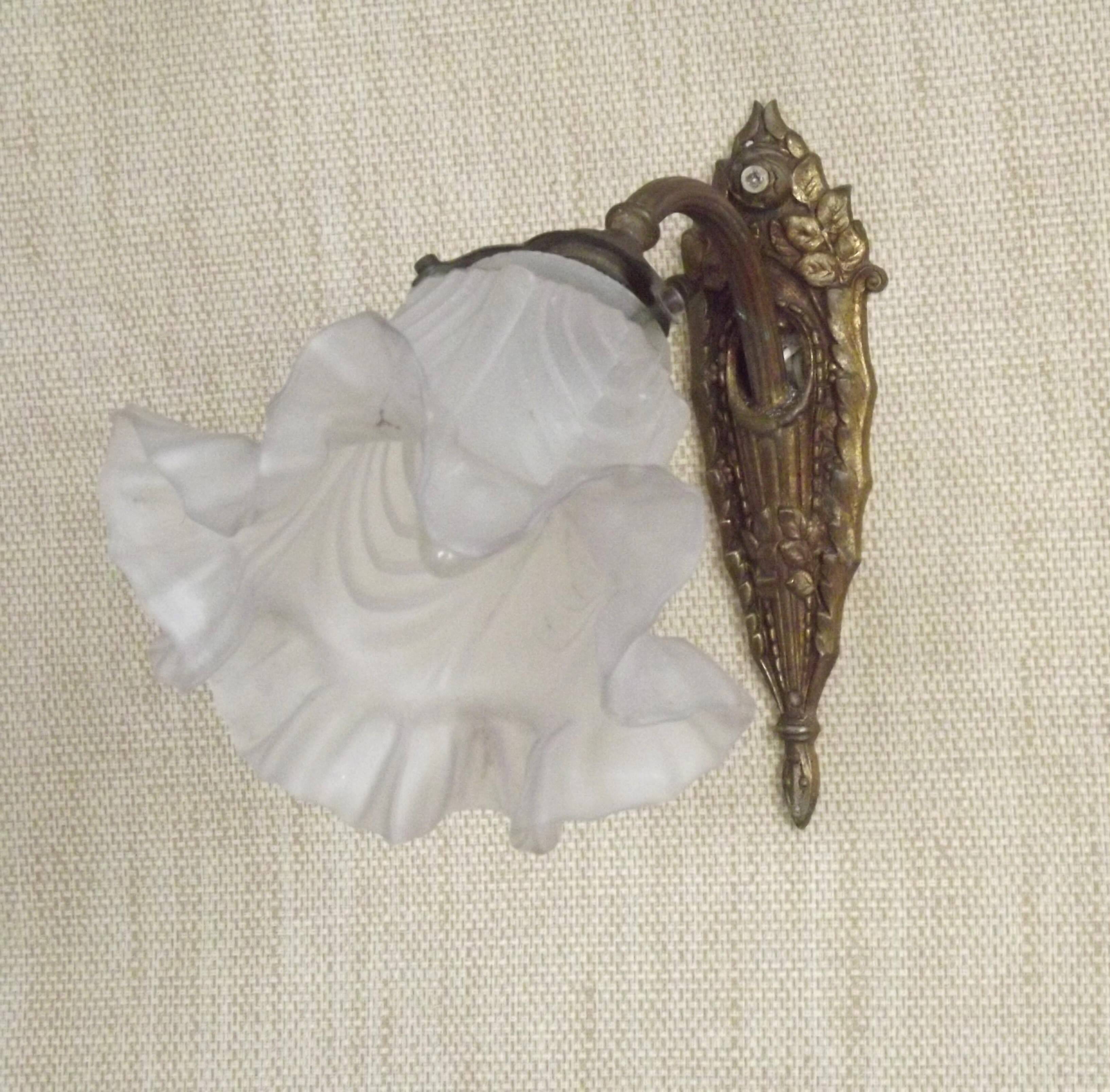 Single French Bronze Art Nouveau Wall Light with Flower Detail and White Glass Shade 4970