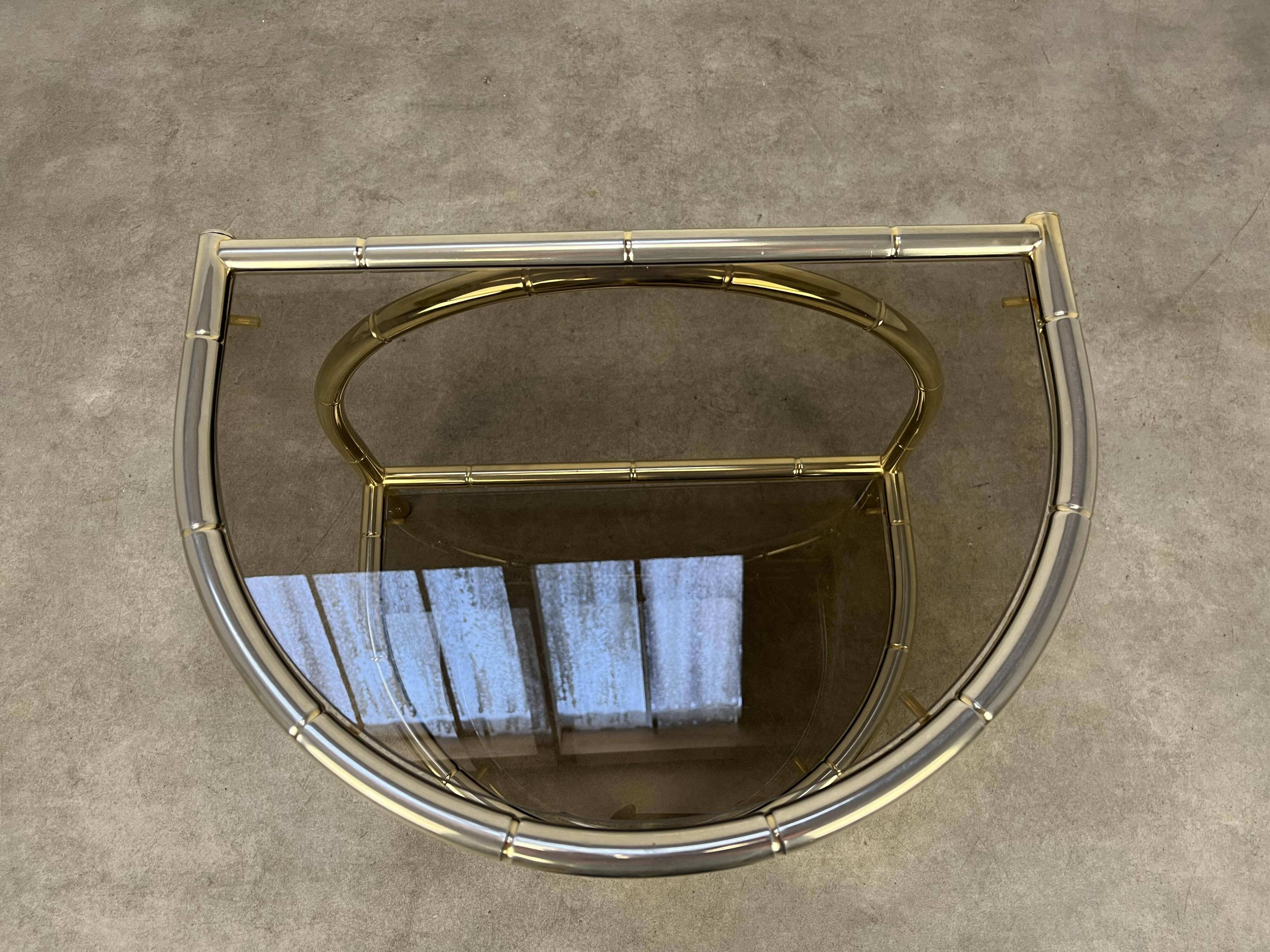 Hollywood Regency bamboo side table, gold and smoked glass, 70s