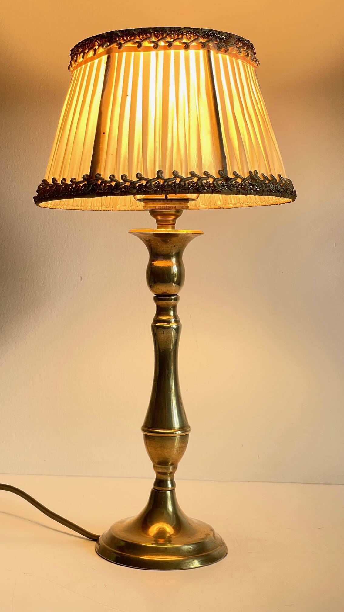 Solid brass lamp and antique lampshade
