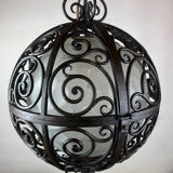 Suspension ronde en fer forgé avec sphère intérieure en verre, c.1930