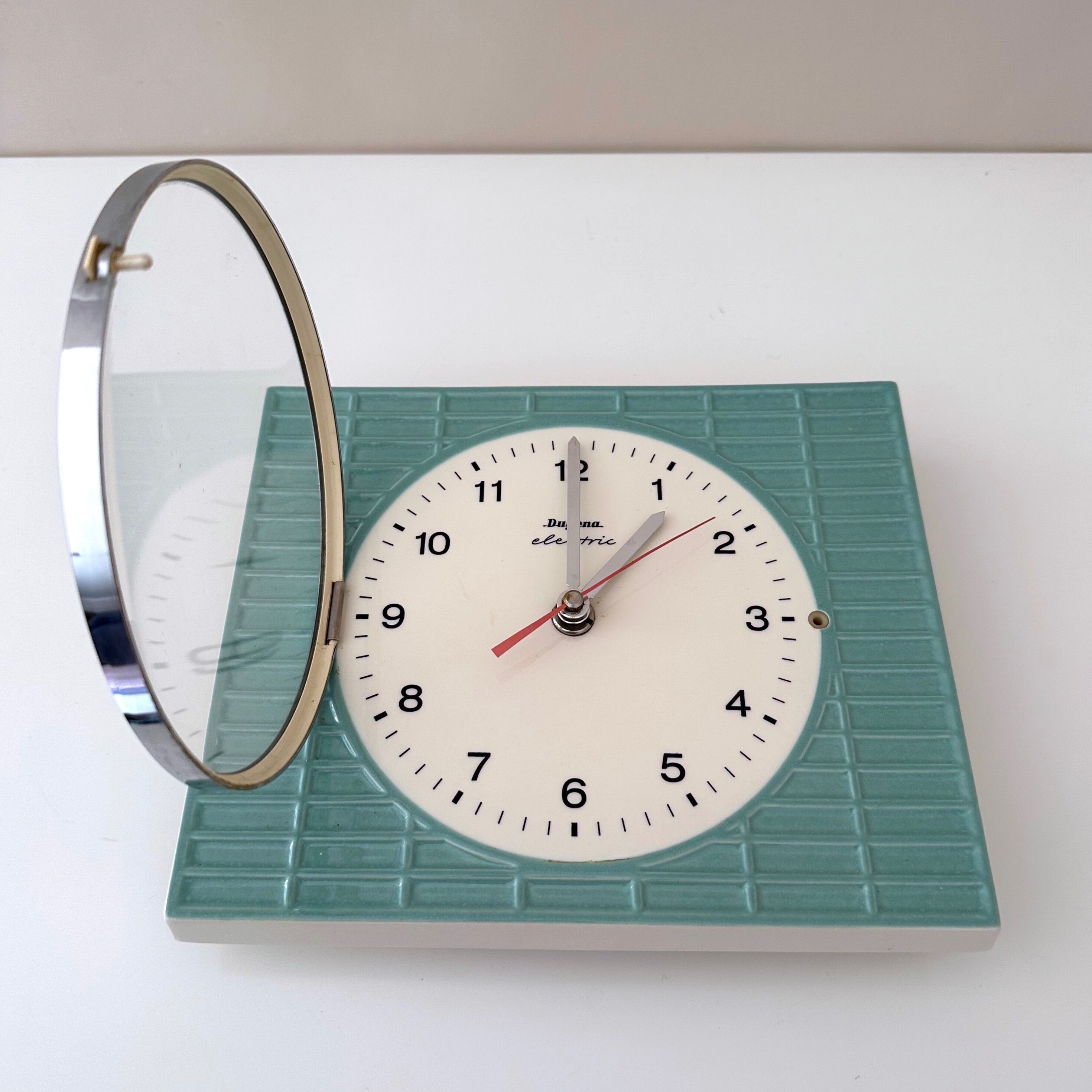 Vintage dugena wall clock, ceramic clock, pastel green, mid century clock