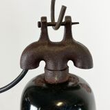 Industrial black enamel factory lamp with cast iron top, 1950s