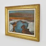 Abstract oil on canvas signed in its gilded wooden frame. 60s 70s