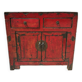 Buffet chinois ancien de style rustique, laqué rouge (1920-1950)