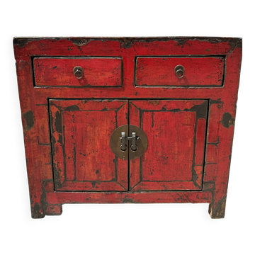 Buffet chinois ancien de style rustique, laqué rouge (1920-1950)