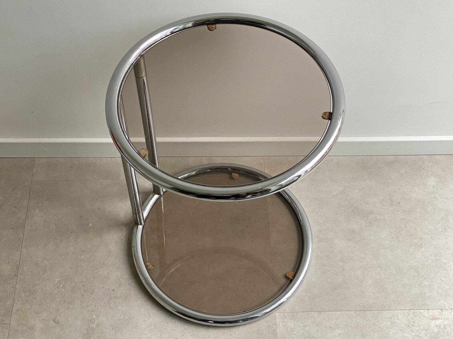 Vintage chrome Bauhaus side table with a smoked glass top, Eileen Gray / Milo Baughman style