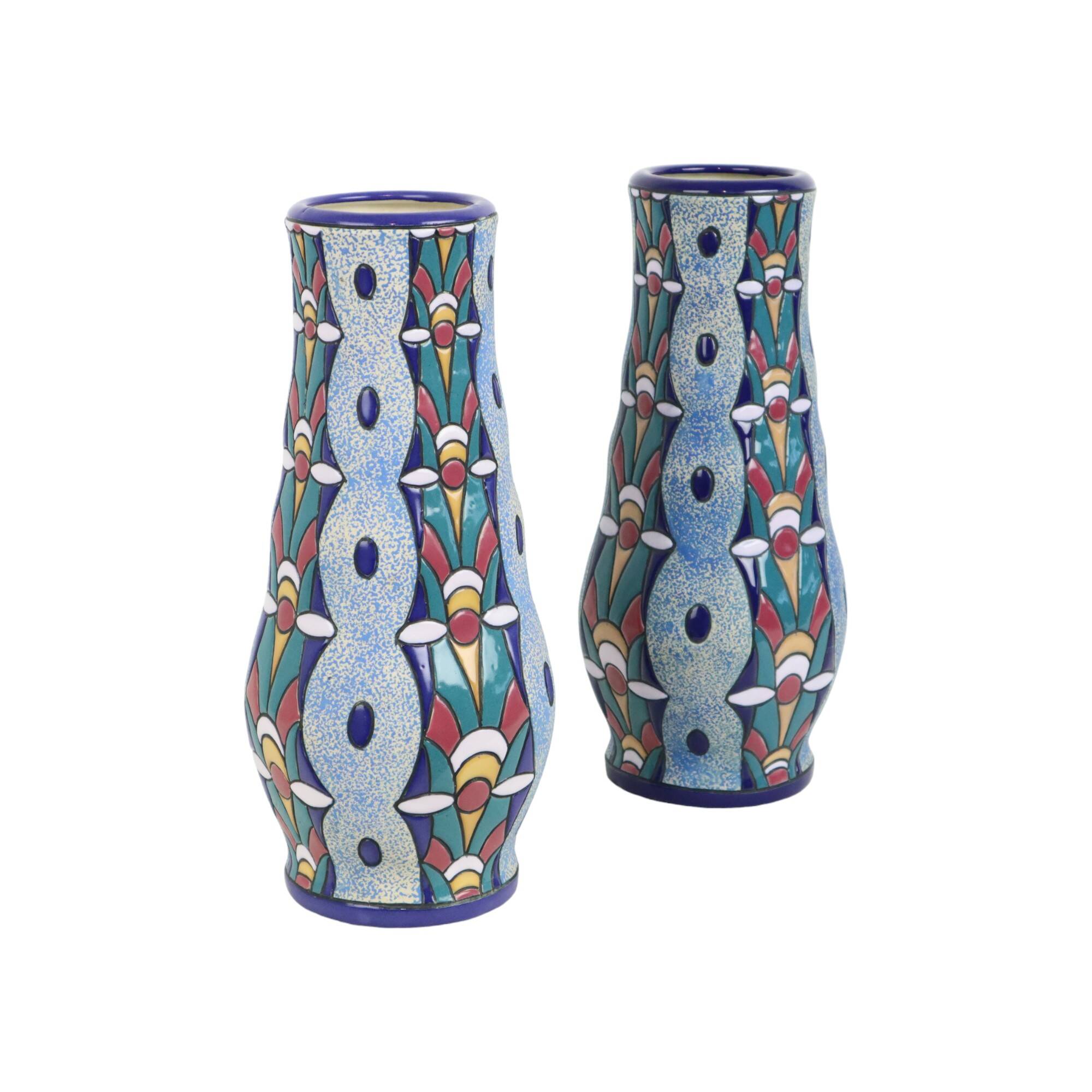 Pair of Amphora Vases Art Deco Ceramic Enamel 1915