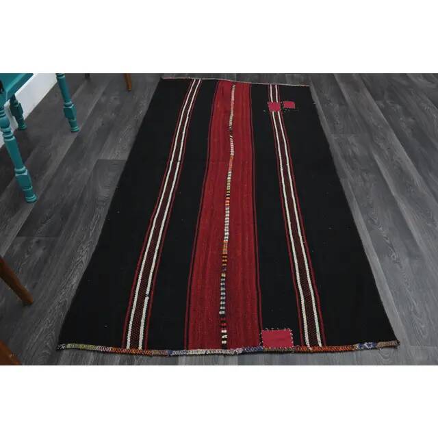 1970s Turkish Hand-Knotted Wool Cotton Black Kilim Runner Rug 118x238