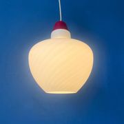 Mid-Century opaline glass suspension with a red upper part and ceiling cover.