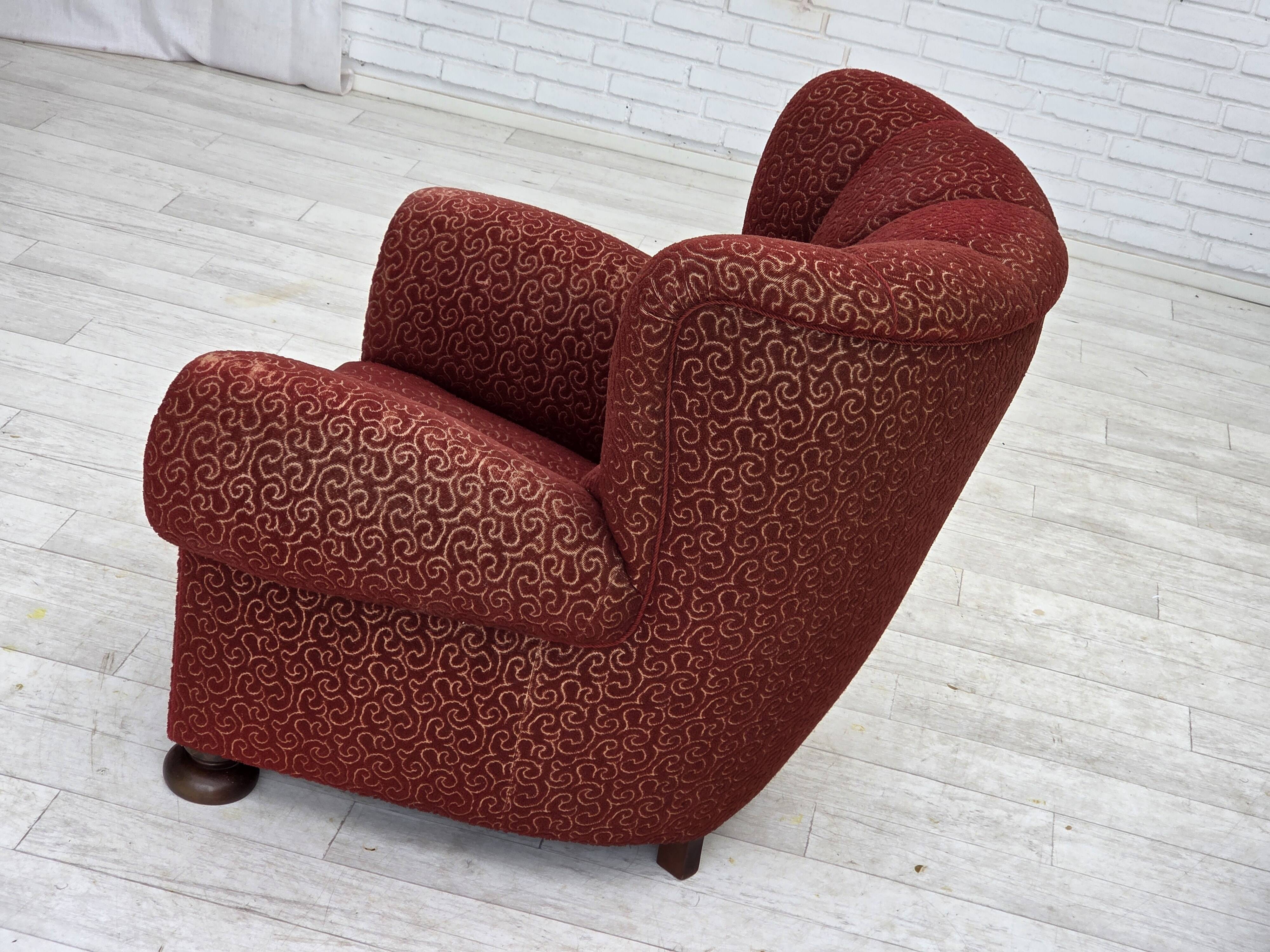 1960s, Danish relax armchair, original red furniture wool, oak wood legs.
