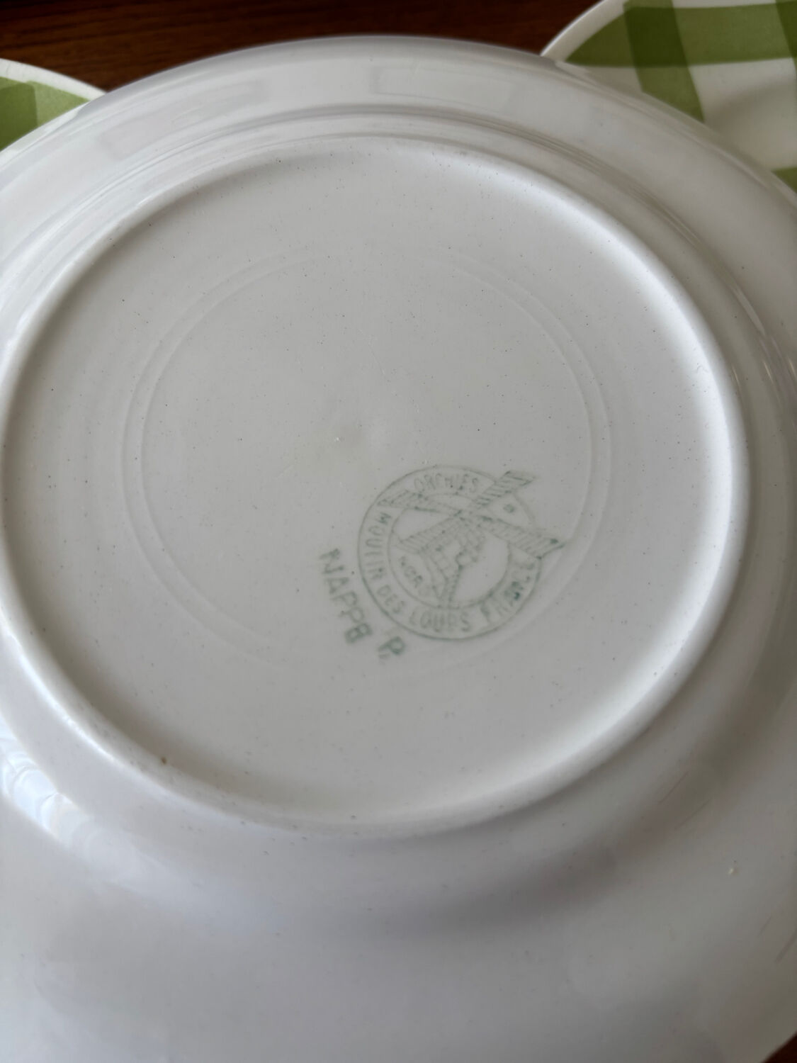 Lot of vintage checkered green dessert plates Moulin des Loups model.