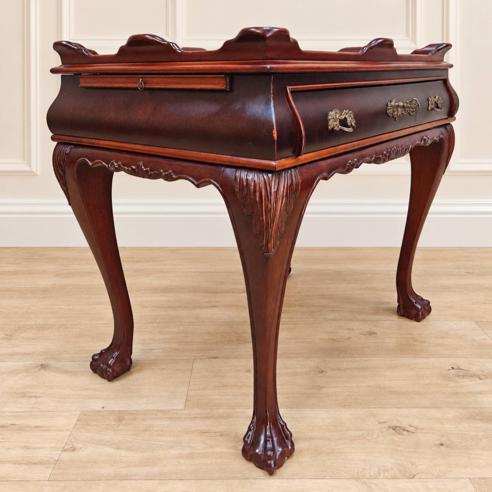 Antique walnut side table / tea table with drawer, shelves