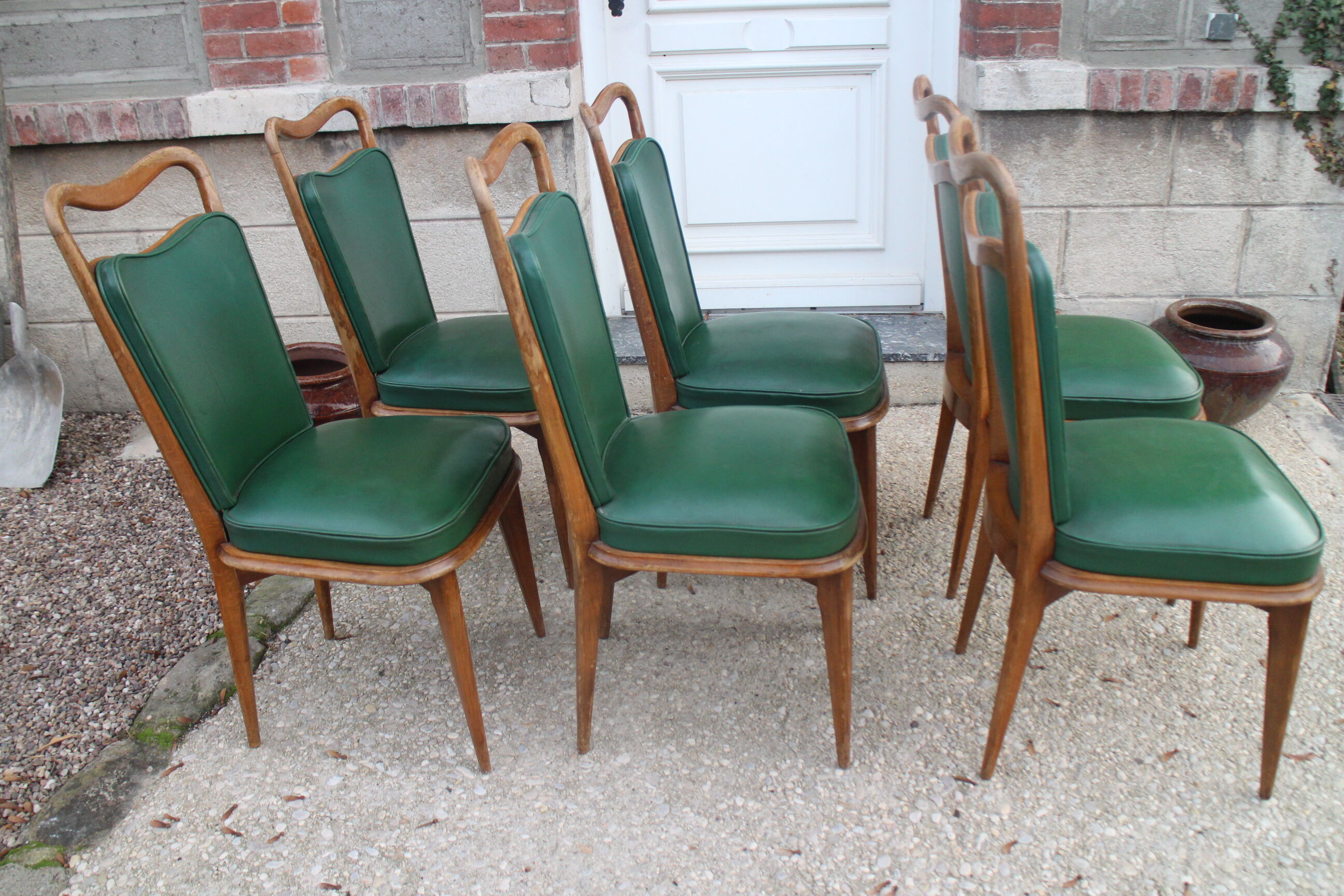 Série 6 chaises simili cuir vert 1950