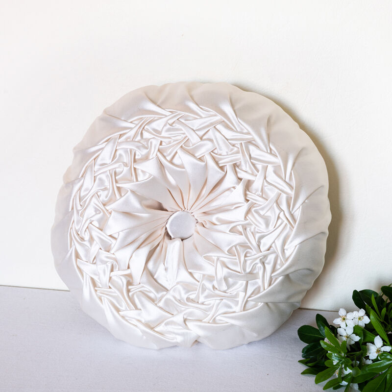 Old round cushion in white, beige pleated silk