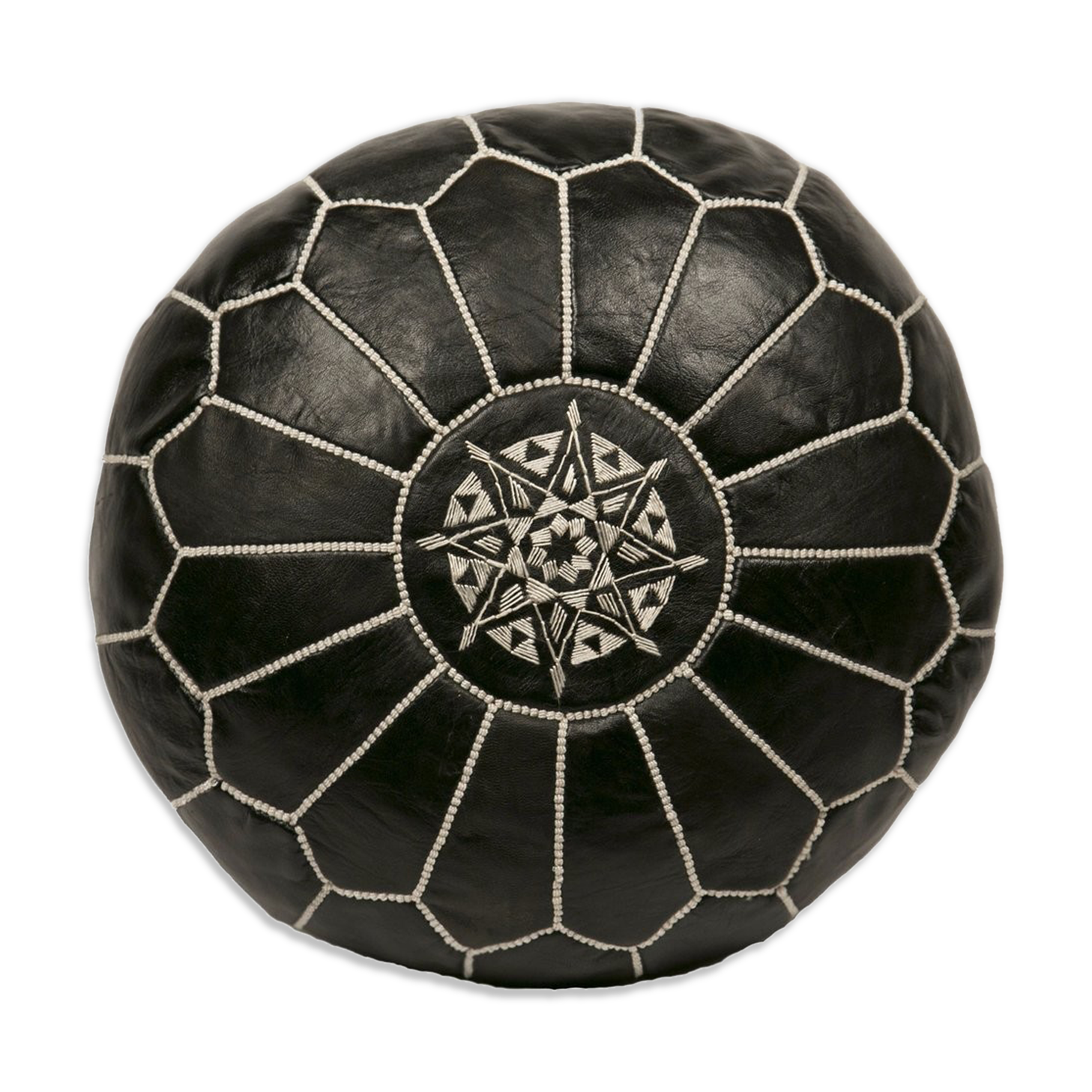 Black leather Pouf - handmade Morocco D 53cm x H 32cm