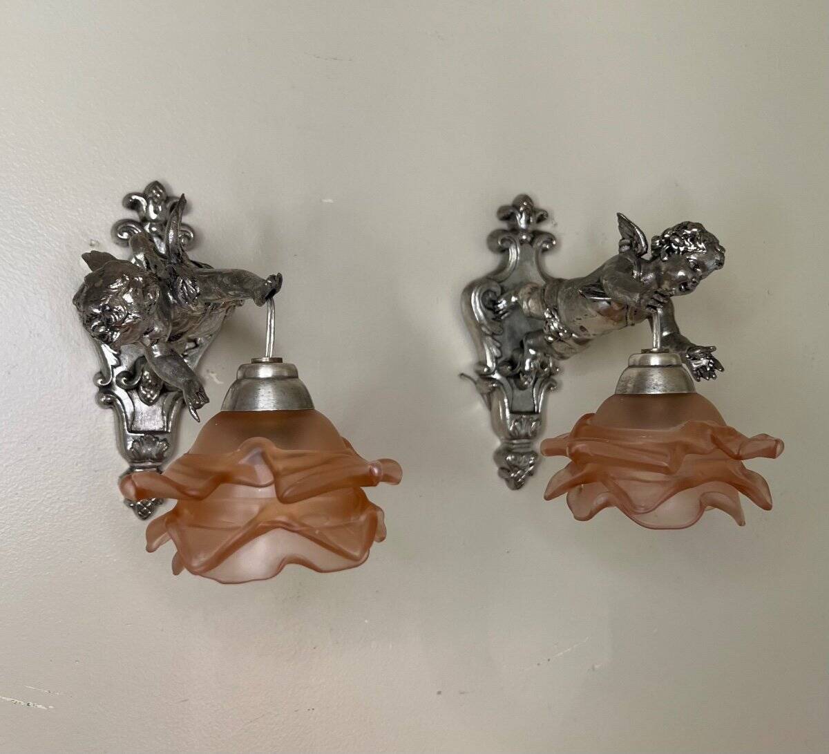 Pair of wall sconces, cherubs, angels, silvered