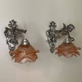 Pair of wall sconces, cherubs, angels, silvered