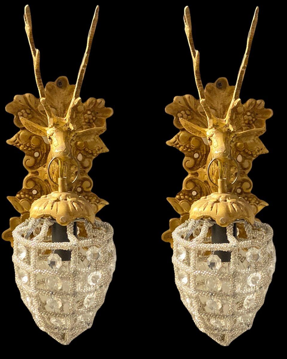 Crystal Beaded Stag Head Sconces, Set of 2
