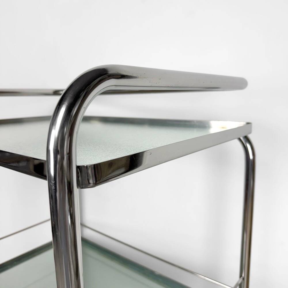 Modernist chrome and vintage frosted glass serving trolley