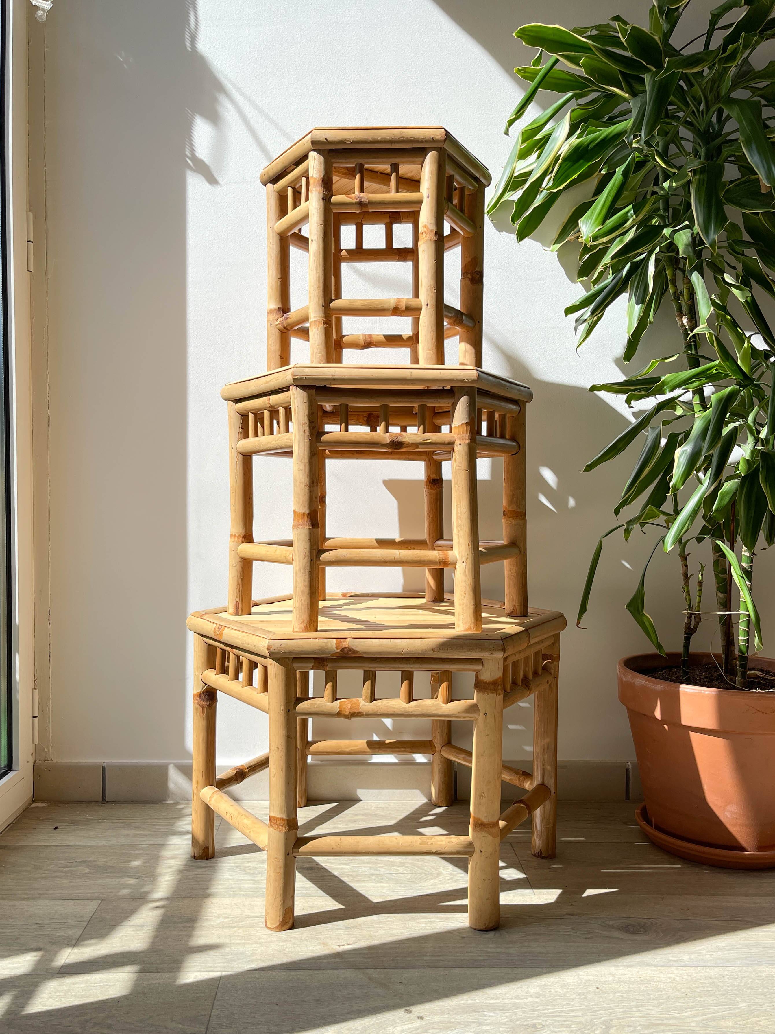 3 Vintage Bamboo Hexagonal Nesting Coffee Tables, 1970s