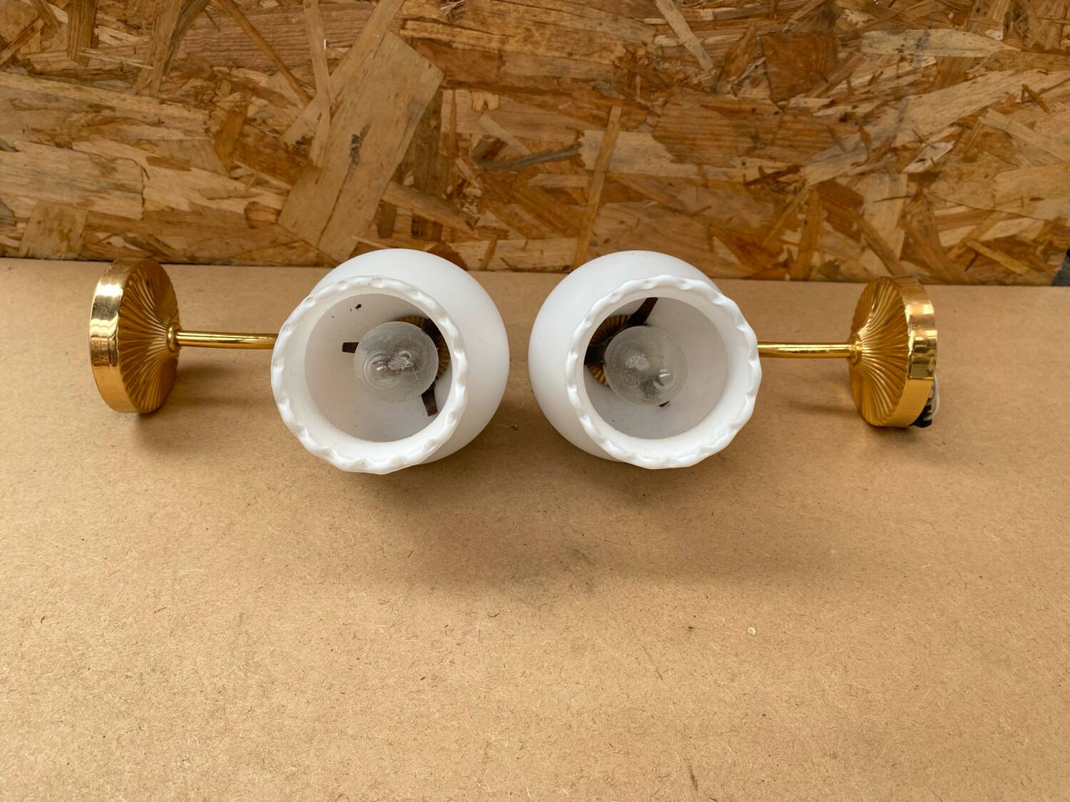 Pair of Antique Wall Lamps in Gold Metal + Vintage White Opaline