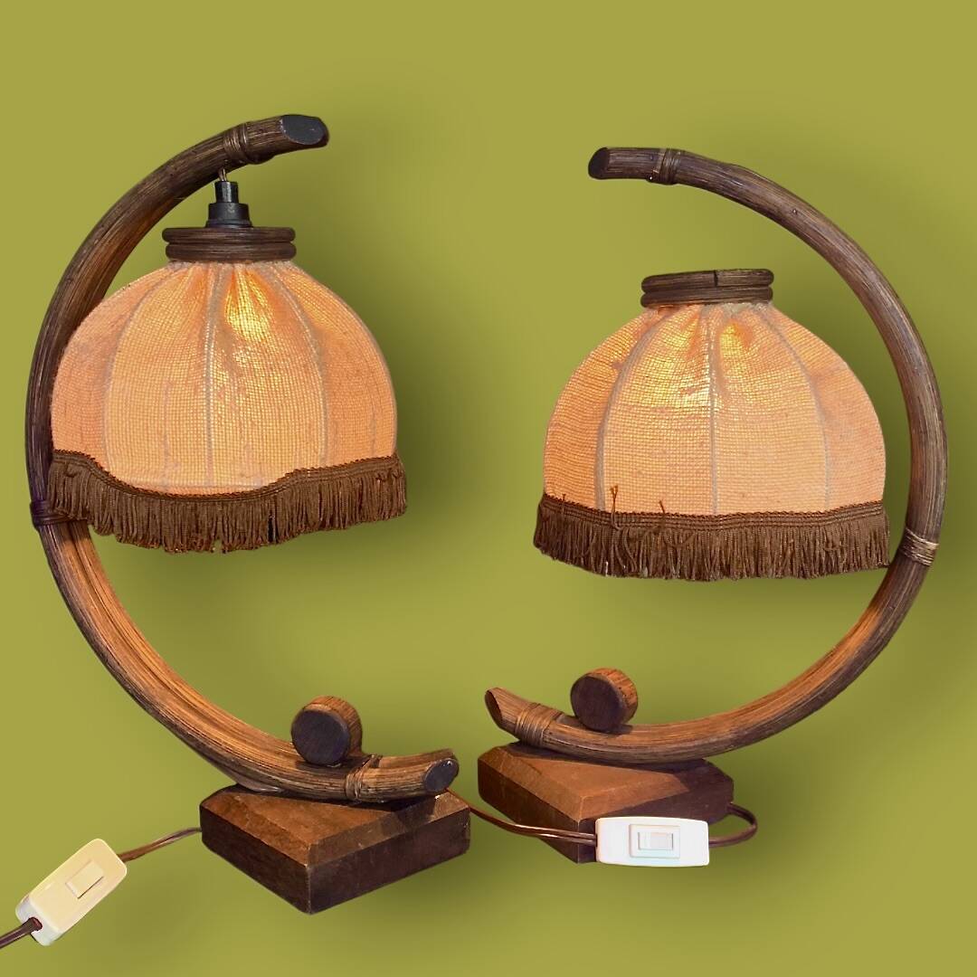 Pair of bamboo and jute bedside lamps, 1970s