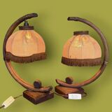 Paire de lampes de chevet en bambou et jute, années 70