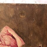 Oil on cardboard panel bouquet of roses in round vase, signed f. mas 1935
