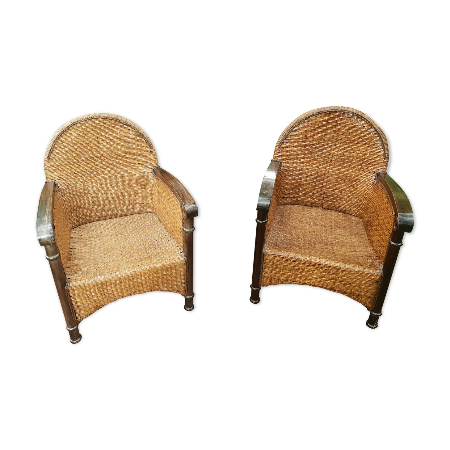 Paire de fauteuils en bois et rotin 1980