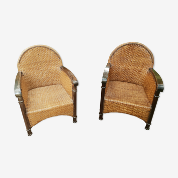 Pair of wooden and rattan armchairs 1980