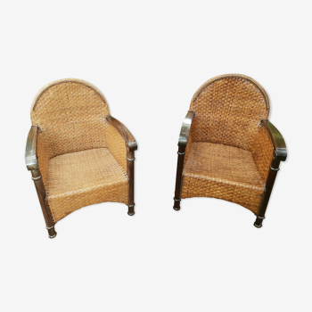 Paire de fauteuils en bois et rotin 1980