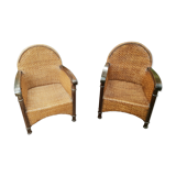 Paire de fauteuils en bois et rotin 1980