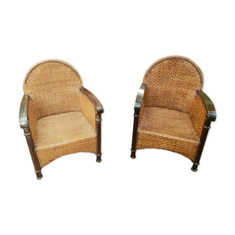 Paire de fauteuils en bois et rotin 1980