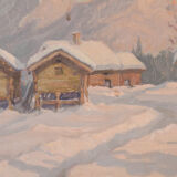 Post impressionist swedish snowscape with soft golden light