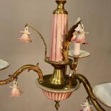 Small Italian Bronze Chandelier with Porcelain Flowers and its 2 Wall Sconces