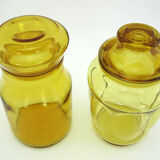 2 amber yellow glass jars - apothecary style pots - vintage 70s